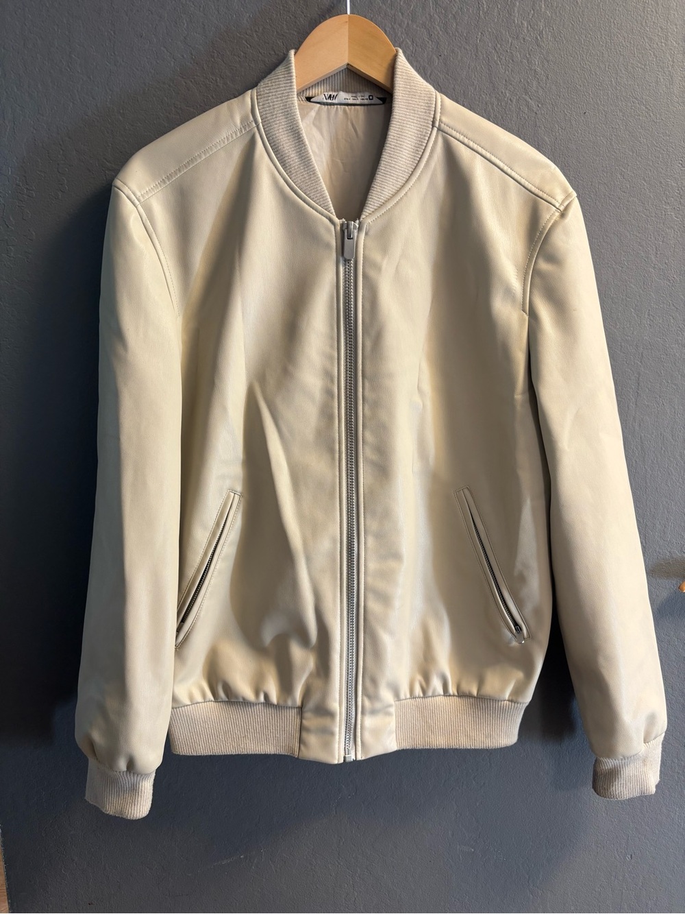 Zara cream-colored men's faux leather bomber jacket medium